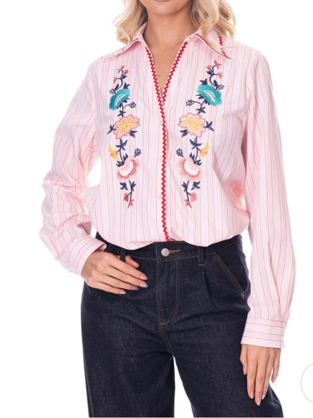 Boho NWT love Embroidered Pink Stripe V-Neck Women's Blouse size S-M-L